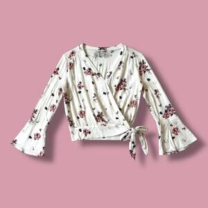 Abercrombie & Fitch Women's Bell Sleeve Floral Faux Wrap Top White Size Small